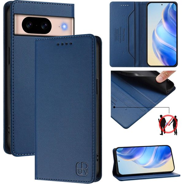 Custodia In Pelle Per Google Pixel 8A, Flip Case Con Slot Per Carte, Portafoglio E Supporto Blu-image