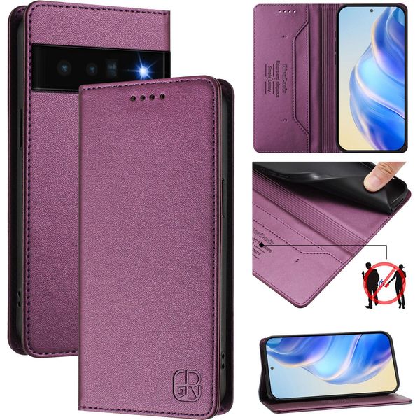 Custodia In Pelle Per Google Pixel 6 Pro, Flip Case Con Slot Per Carte, Portafoglio E Supporto Viola-image