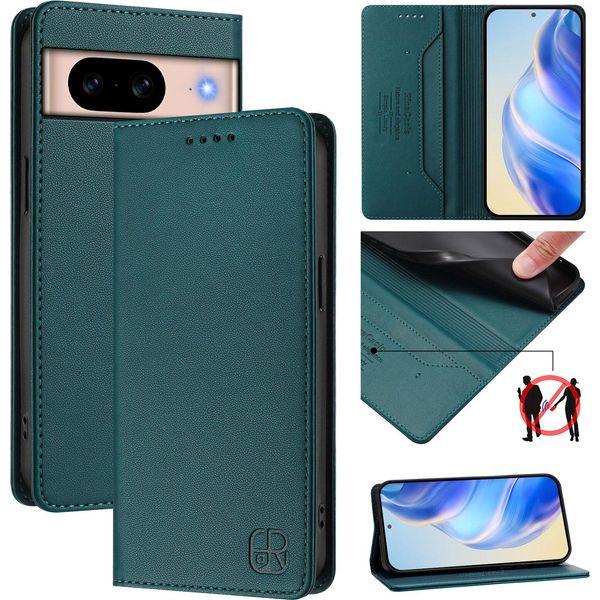 Custodia In Pelle Per Google Pixel 8A, Flip Case Con Slot Per Carte, Portafoglio E Supporto Verde Scuro-image