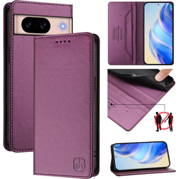 Custodia In Pelle Per Google Pixel 8A, Flip Case Con Slot Per Carte, Portafoglio E Supporto Viola-image