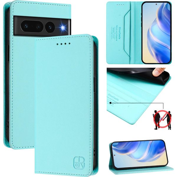 Custodia In Pelle Per Google Pixel 7 Pro, Flip Case Con Slot Per Carte, Portafoglio E Supporto Turchese-image