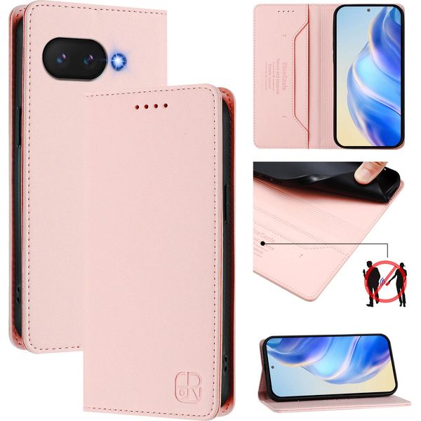 Custodia In Pelle Per Google Pixel 9A, Flip Case Con Slot Per Carte, Portafoglio E Supporto Rosa-image
