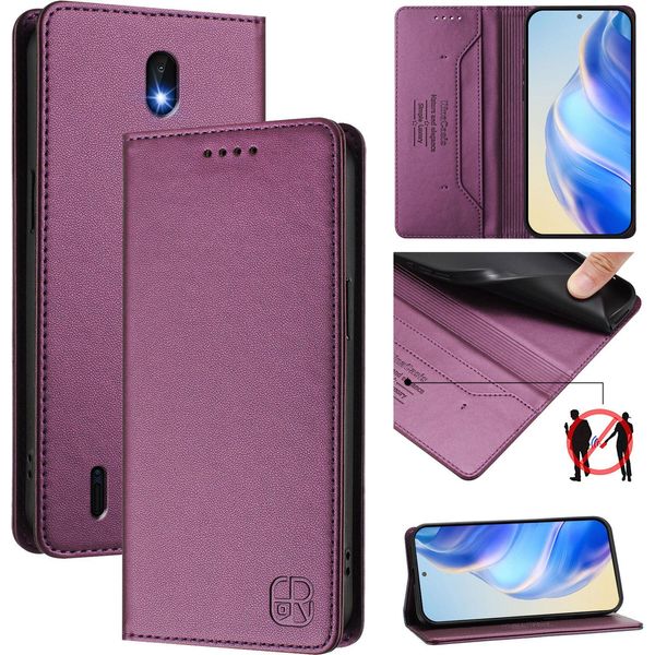 Custodia In Pelle Per Nokia C01 Plus/Nokia C1 2Nd Edition, Custodia Flip Con Slot Per Schede, Portafoglio E Supporto Viola-image