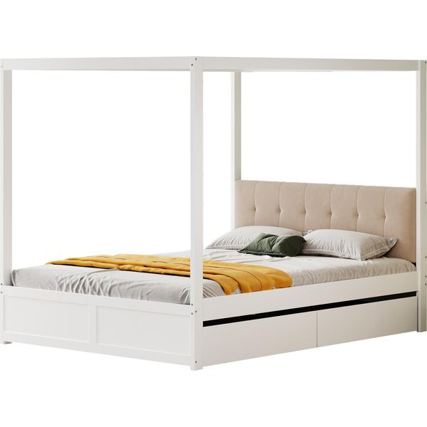 Abrihome Letto A Baldacchino 140X200 Cm Letto Matrimoniale Con 2 Cassetti E Schienale Morbido, Letto In Legno Bianco-image