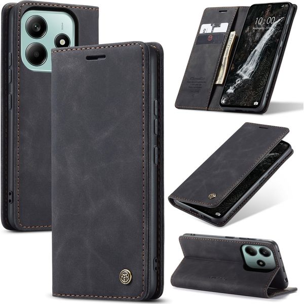 Custodia Per Xiaomi Redmi Note 14 5G, Retro Custodia In Finto Cuoio Con Funzione Stand Nero-image
