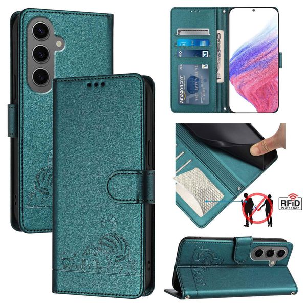 Custodia In Pelle Per Samsung Galaxy S25 Fe, Dolce Gatto Custodia Flip Con Funzione Stand E Portafoglio Verde-image