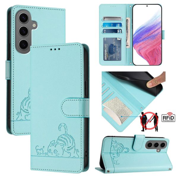 Custodia In Pelle Per Samsung Galaxy S25 Fe, Dolce Gatto Custodia Flip Con Funzione Stand E Portafoglio Verde Chiaro-image