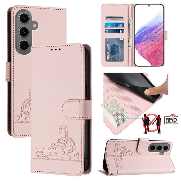 Custodia In Pelle Per Samsung Galaxy S25 Fe, Dolce Gatto Custodia Flip Con Funzione Stand E Portafoglio Rosa-image