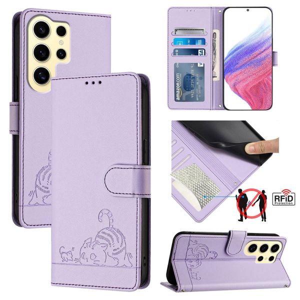 Custodia In Pelle Per Samsung Galaxy S25 Ultra, Dolce Gatto Custodia Flip Con Funzione Stand E Portafoglio Viola-image