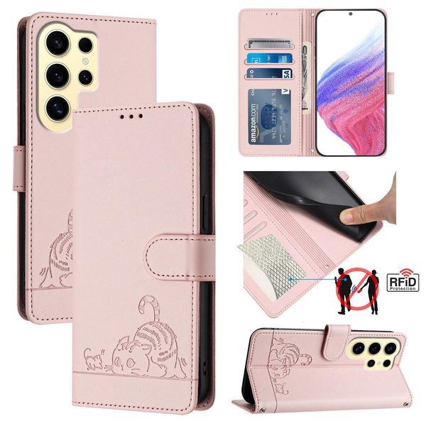 Custodia In Pelle Per Samsung Galaxy S25 Ultra, Dolce Gatto Custodia Flip Con Funzione Stand E Portafoglio Rosa-image