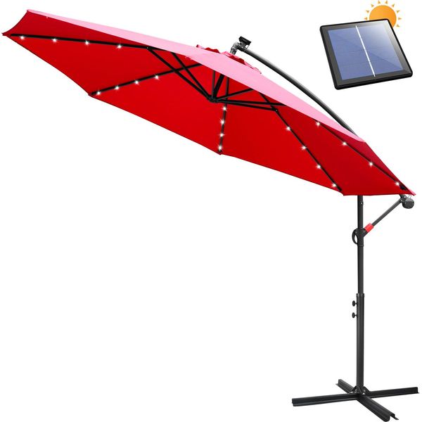 Clanmacy Ombrellone A Sbalzo 350 Cm Con Led, Protezione Uv, Manovella -Rosso Ombrellone Da Giardino Ombrellone Da Mercato Manovella Balcone-image