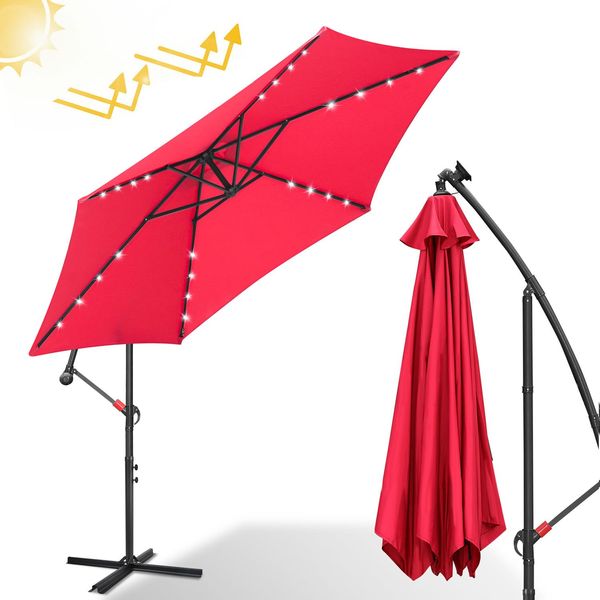 Ombrellone Con Illuminazione Led Ombrellone Da Giardino Da 300 Cm Con 24 Luci Led Protezione Uv Manovella Portaombrelli Ombrellone Da Giardino Ombrellone Da Mercato, Rosso-image