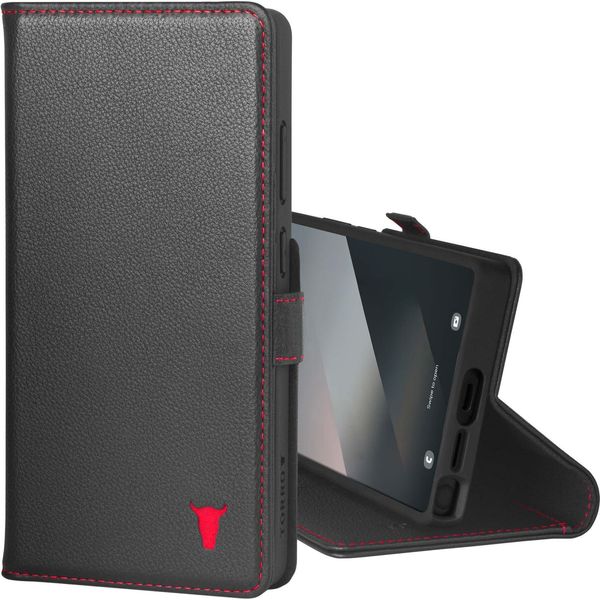 Torro Custodia In Pelle Per Galaxy S25 Ultra (Con Funzione Stand) - Nero Con Dettagli Rossi-image