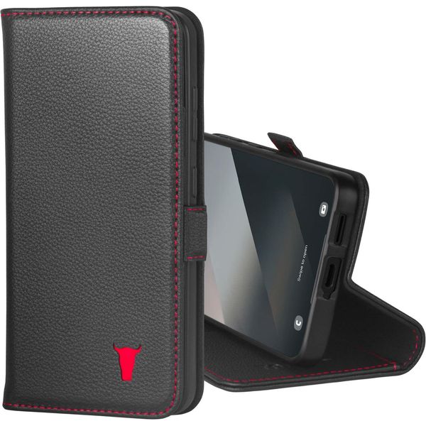 Torro Custodia In Pelle Per Galaxy S25 (Con Funzione Stand) - Nero Con Dettagli Rossi-image