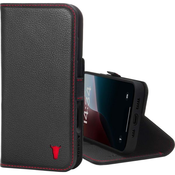 Custodia A Portafoglio In Pelle Torro Per Iphone 16 Pro (Con Funzione Stand E Ricarica Magsafe) - Nero Con Dettagli Rossi-image