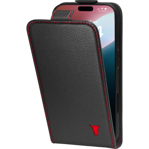 Custodia Flip In Pelle Torro Per Iphone 16 Pro (Ricarica Magsafe) - Nero Con Dettagli Rossi-image