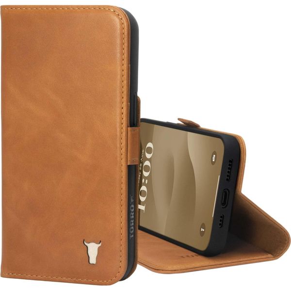 Custodia In Pelle Per Iphone 15 Torro (Con Funzione Stand) - Marrone Chiaro-image