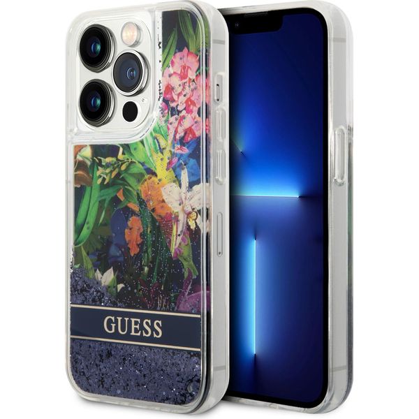 Guess Guhcp14Llflsb Custodia Rigida Per Iphone 14 Pro 6.1 Blu/Blu Fiore Liquido Glitterato-image