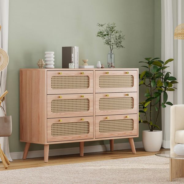Cassettiera In Rattan, Sei Cassetti, Adatta Per Soggiorno, Camera Da Letto E Sala Da Pranzo, 100 X 34 X 73 Cm, Legno-image