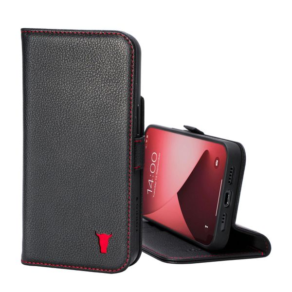 Custodia In Pelle Torro Per Iphone 14 Pro (Con Funzione Stand) - Nero Con Dettagli Rossi-image