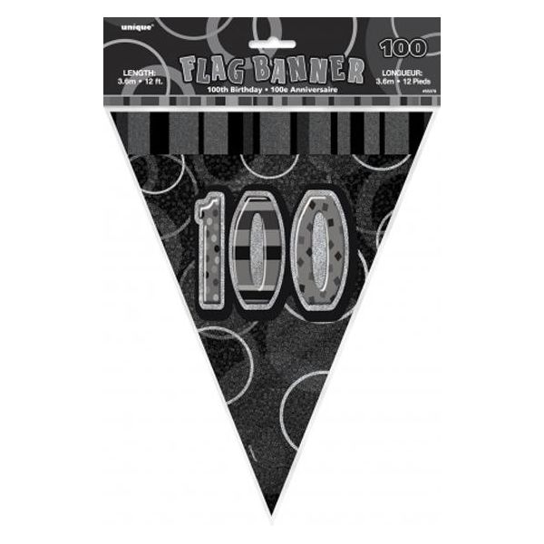 Unique Party - Bandiere, 100° Compleanno - Lamina, Plastica SG37689 (Taglia Unica) (Nero Glitter)-image