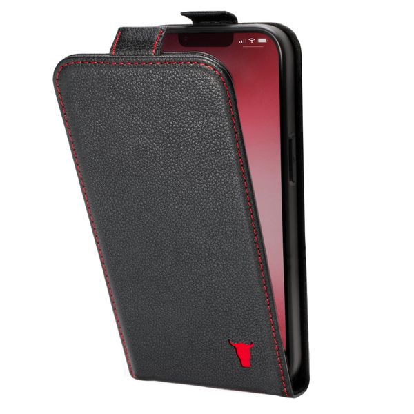 Torro Custodia Flip In Pelle Per Iphone 13 (Con Ricarica Magsafe) - Nero Con Dettagli Rossi-image