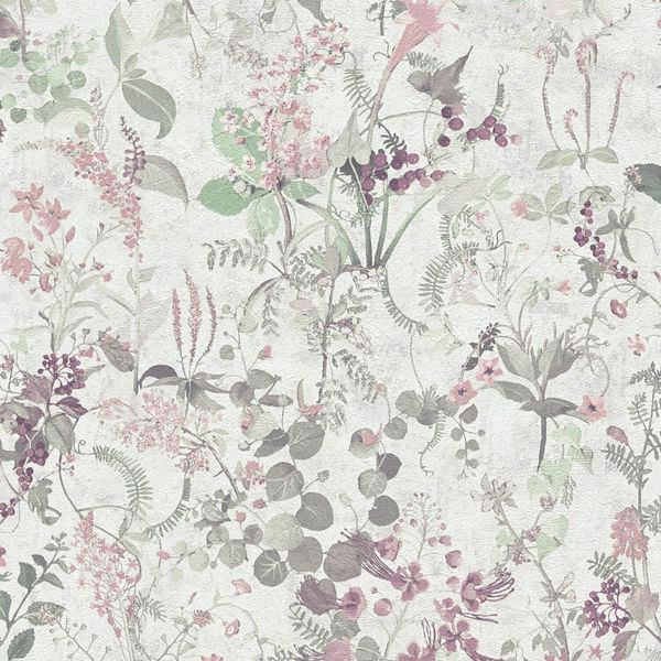 Profhome 388251-GU Carta Da Parati In Tessuto Non Tessuto Floreale Opaca Bianco Verde Rosa Perla Viola 5,33 M2-image