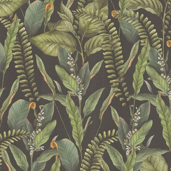 Profhome 394131-GU Carta Da Parati In Tessuto Non Tessuto Floreale Jungle Opaco Nero Verde Arancione 5,33 M2-image