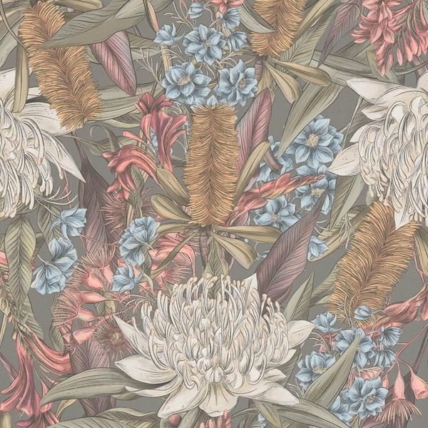 Profhome 394283-GU Carta Da Parati In Tessuto Non Tessuto Floral Opaco Grigio Rosa Verde Bianco 5,33 M2-image