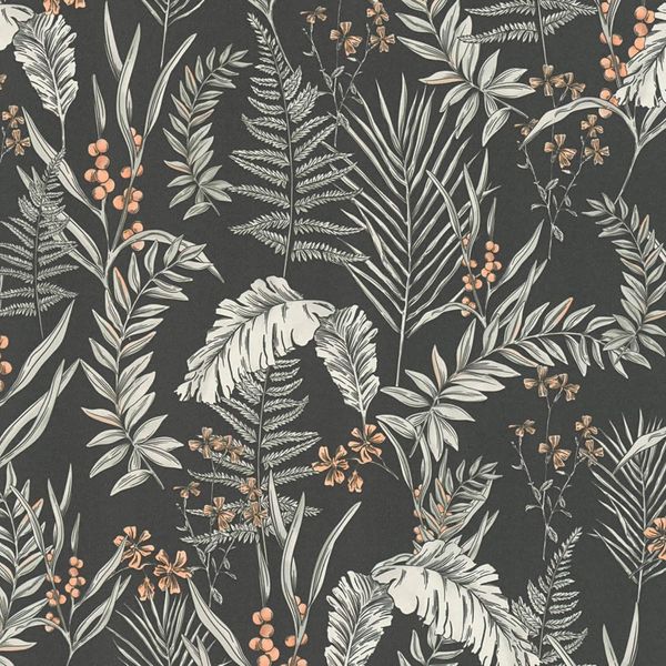Profhome 394341-GU Carta Da Parati In Tessuto Non Tessuto Floreale Opaco Nero Bianco Arancio 5,33 M2-image
