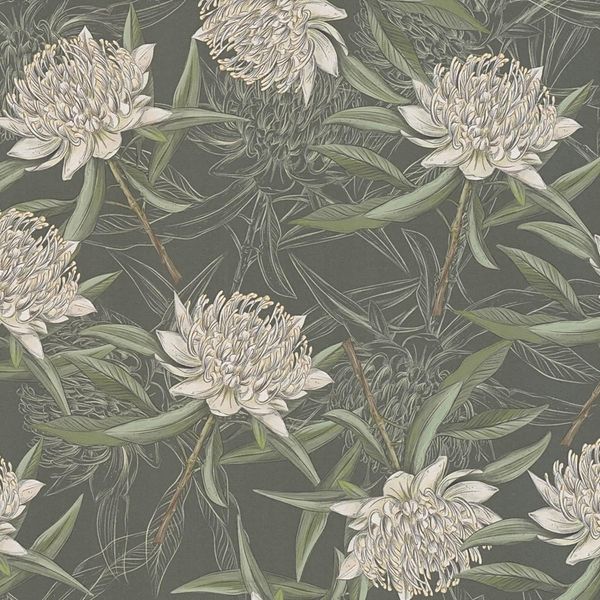 Profhome 394321-GU Carta Da Parati In Tessuto Non Tessuto Floreale Opaco Nero Verde Bianco 5,33 M2-image