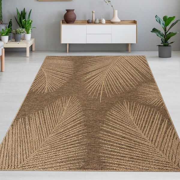 Elegante Tappeto Per Interni Ed Esterni Con Motivo A Foglie Tropicali In Beige Marrone Dimensioni - 240 X 340 Cm-image