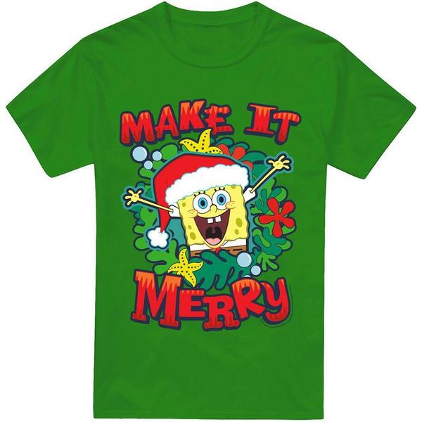 Spongebob Squarepants - Maglietta "Make It Merry"" Da Uomo - Design Natalizio TV6416 (3XL) (Verde Irlandese)"-image