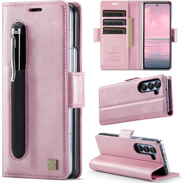 Custodia In Pelle Per Samsung Galaxy Z Fold 5, Protezione Rfid, Chiusura Magnetica, Slot Per Carte E Supporto Rosa-image