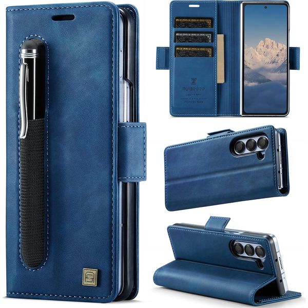 Custodia In Pelle Per Samsung Galaxy Z Fold 5, Protezione Rfid, Chiusura Magnetica, Slot Per Carte E Supporto Blu-image