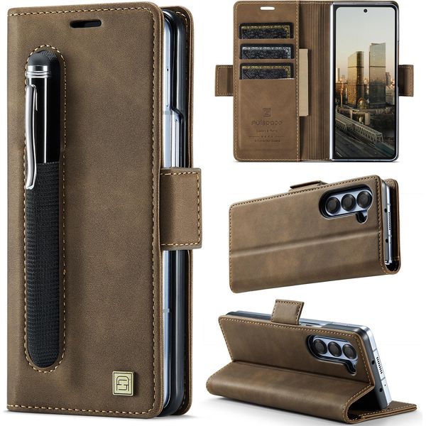 Custodia In Pelle Per Samsung Galaxy Z Fold 5, Protezione Rfid, Chiusura Magnetica, Slot Per Carte E Supporto Marrone-image