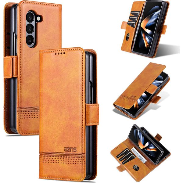Custodia In Pelle Per Samsung Galaxy Z Fold5, Custodia Pieghevole A Portafoglio Con Chiusura Magnetica E Supporto Giallo-image