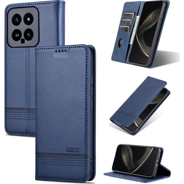 Custodia In Pelle Per Xiaomi 14, Custodia Pieghevole A Portafoglio Con Chiusura Magnetica E Supporto Blu-image