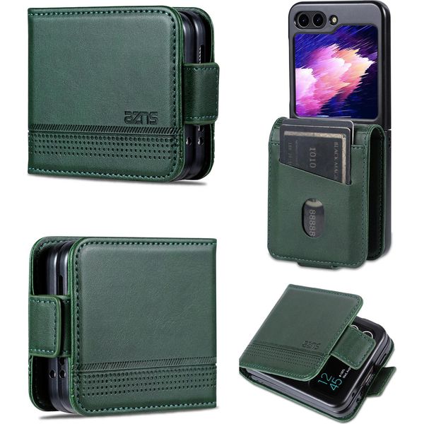 Custodia In Pelle Per Samsung Galaxy Z Flip5, Custodia Pieghevole A Portafoglio Con Chiusura Magnetica E Supporto Verde-image