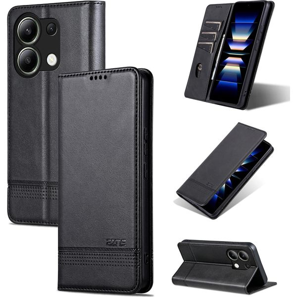 Custodia In Pelle Per Xiaomi Redmi Note 13 4G, Custodia Pieghevole A Portafoglio Con Chiusura Magnetica E Supporto Nero-image