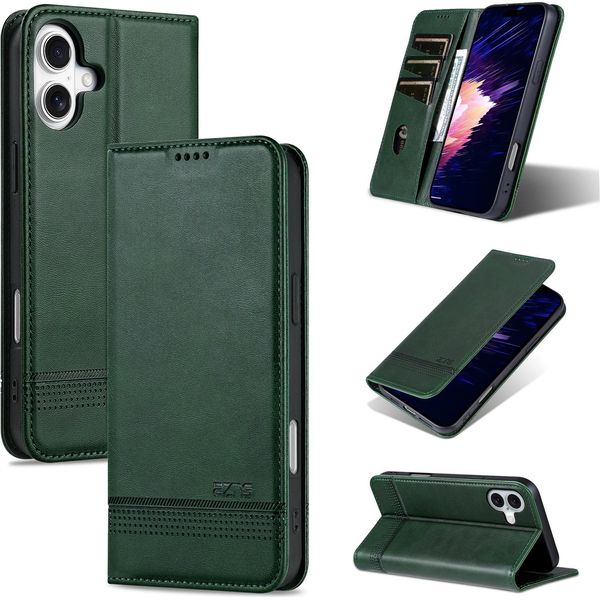 Custodia In Pelle Per Iphone 16, Custodia Pieghevole A Portafoglio Con Chiusura Magnetica E Supporto Verde-image