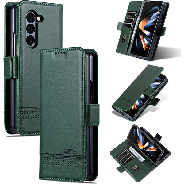 Custodia In Pelle Per Samsung Galaxy Z Fold5, Custodia Pieghevole A Portafoglio Con Chiusura Magnetica E Supporto Verde-image