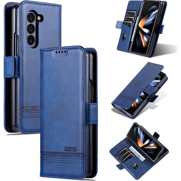 Custodia In Pelle Per Samsung Galaxy Z Fold5, Custodia Pieghevole A Portafoglio Con Chiusura Magnetica E Supporto Blu-image