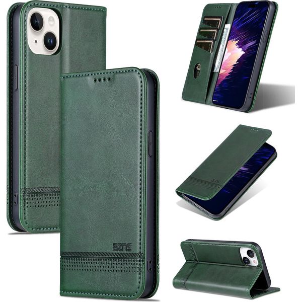 Custodia In Pelle Per Iphone 15 Plus, Custodia Pieghevole A Portafoglio Con Chiusura Magnetica E Supporto Verde-image