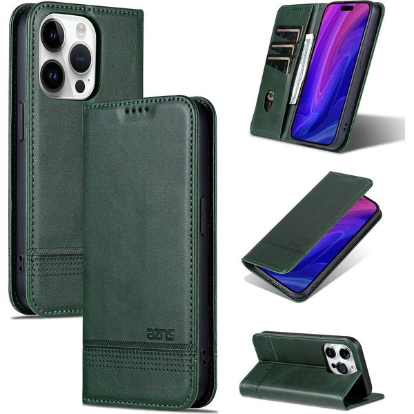 Custodia In Pelle Per Iphone 16 Pro Max, Custodia Pieghevole A Portafoglio Con Chiusura Magnetica E Supporto Verde-image