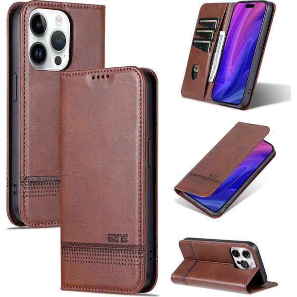 Custodia In Pelle Per Iphone 15 Pro Max, Custodia Pieghevole A Portafoglio Con Chiusura Magnetica E Supporto Caffè-image