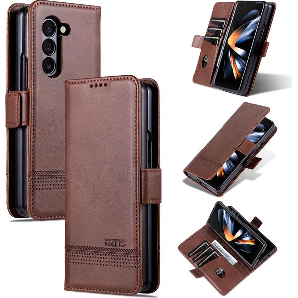 Custodia In Pelle Per Samsung Galaxy Z Fold5, Custodia Pieghevole A Portafoglio Con Chiusura Magnetica E Supporto Caffè-image