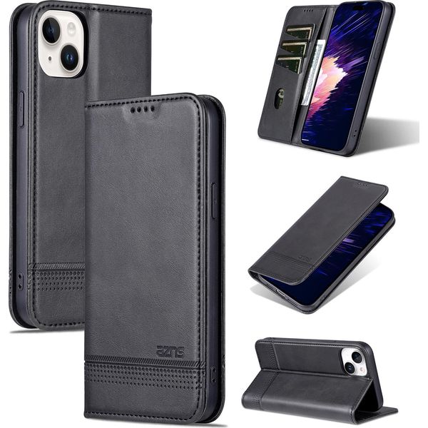 Custodia In Pelle Per Iphone 15 Plus, Custodia Pieghevole A Portafoglio Con Chiusura Magnetica E Supporto Nero-image