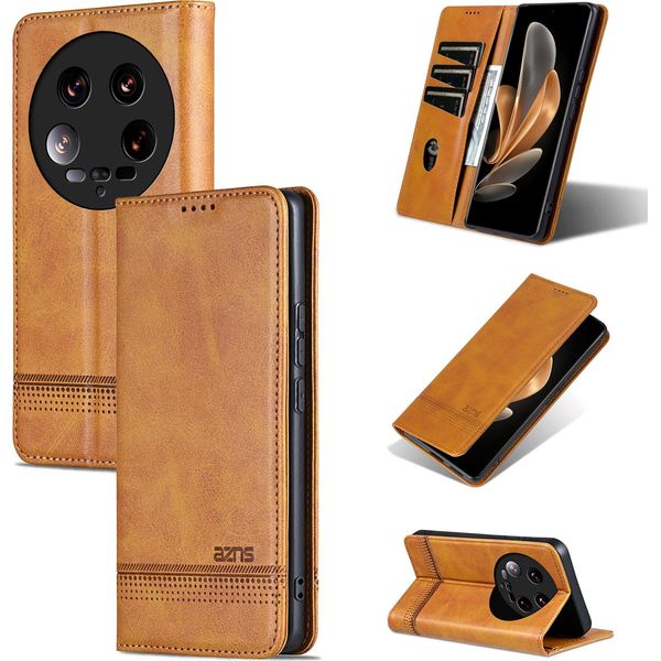 Custodia In Pelle Per Xiaomi 14 Ultra, Custodia Pieghevole A Portafoglio Con Chiusura Magnetica E Supporto Giallo-image