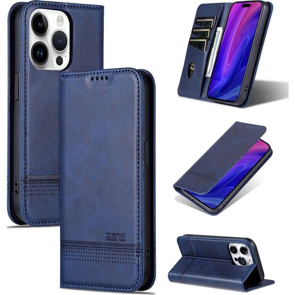 Custodia In Pelle Per Iphone 16 Pro Max, Custodia Pieghevole A Portafoglio Con Chiusura Magnetica E Supporto Blu-image